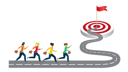 Group of women running on winding road to their goal. Vector illustration.