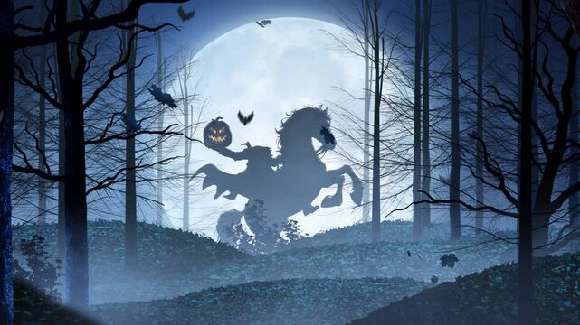 Headless Horseman Full Moon Forest 4K Loop features a forest of dead trees with a large full moon in the sky with leaves, bats a the silhouette of a headless horseman in the far back in a loop.