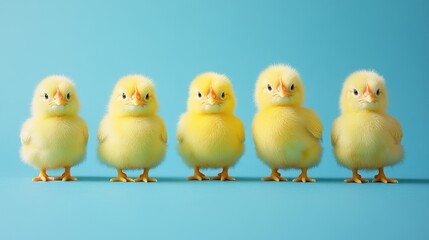 Fototapeta premium Colorful easter display with small decorative chickens on a blue background