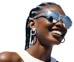 Black young woman smiling wearing a white sunglasses exposing her eyes smile fashion adult.