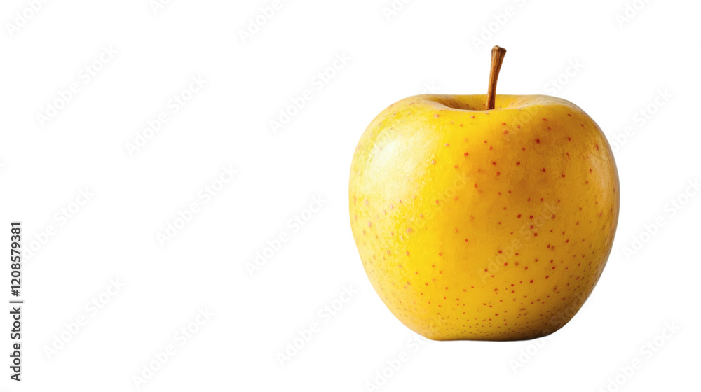 Poster Isolated of a single golden apple with a smooth yellow surface positioned centrally on a clean white background Stock Photo with side copy space
