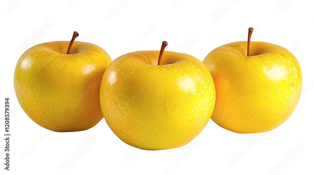 Poster Isolated of a single golden apple with a smooth yellow surface positioned centrally on a clean white background Stock Photo with side copy space