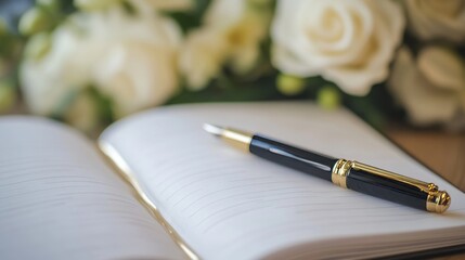 Blank wedding guestbook with calligraphy pen. Blank open pages