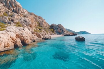 Fototapeta premium Secluded cove, turquoise water, rocky coast, sunny day, summer vacation