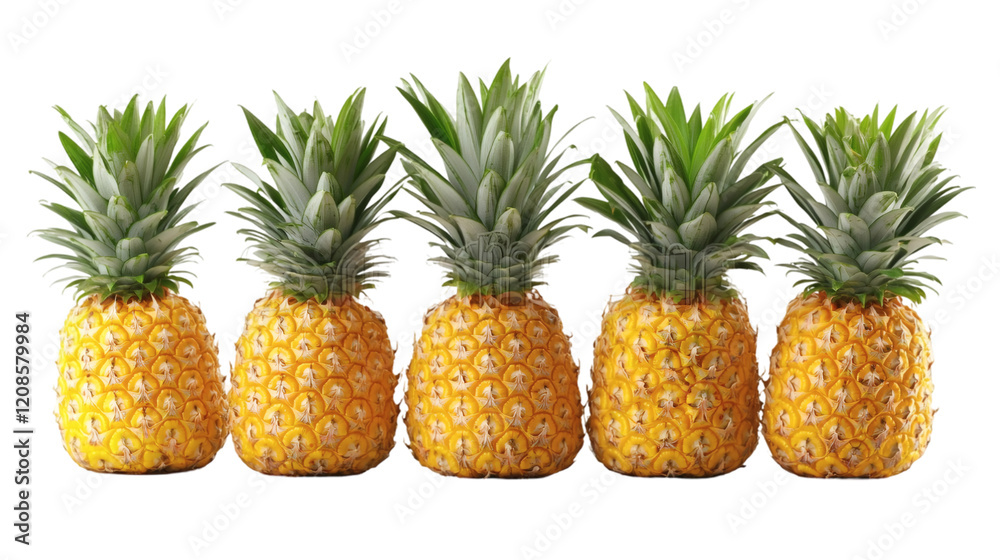 Aufkleber Isolated of pineapples stacked on top of each other creating a tropical-themed arrangement on a clean white surface Stock Photo with side copy space