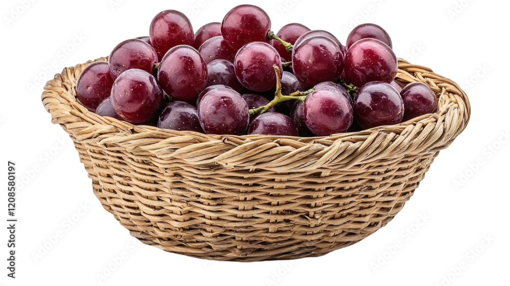 Poster Isolated of a pile of ripe red grapes in a small rustic basket positioned on a seamless white background Stock Photo with side copy space
