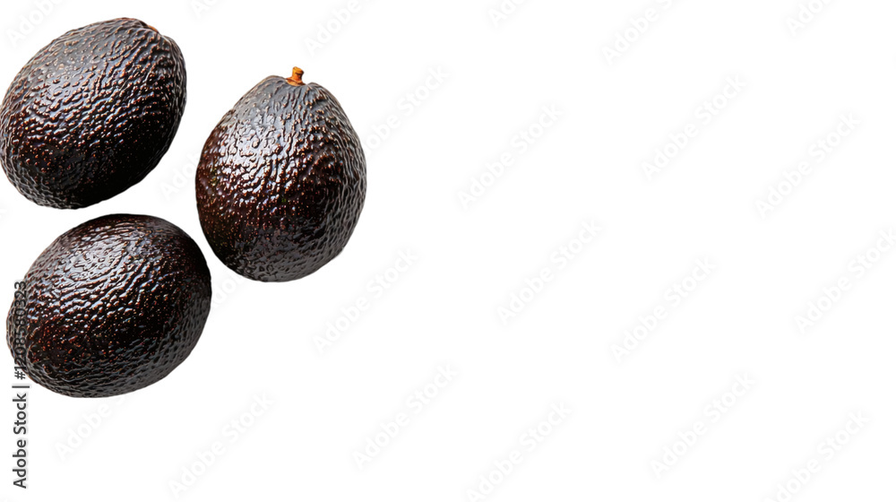Poster isolated of two avocados placed side by side with contrasting whole and sliced views against white s
