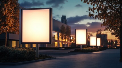 Obraz premium Illuminated billboards on city street at dusk with autumn leaves