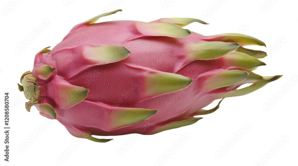 Poster isolated of a vibrant pink dragon fruit with its green spikes highlighted on a seamless white backgr