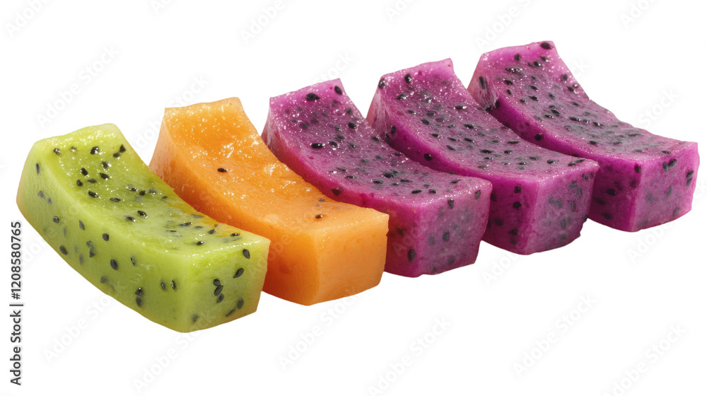 Poster isolated of a vibrant dragon fruit sliced into quarters with vivid colors contrasting against a whit