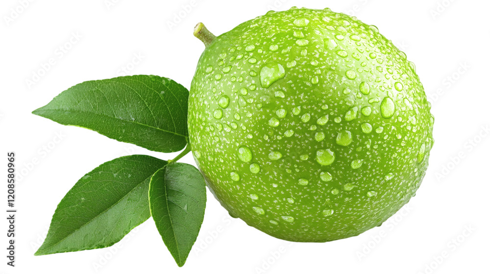 Poster isolated of a single guava with water droplets on its skin positioned centrally on a seamless white 