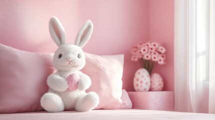 Easter mockup with bunny pillow and eggs for festive decor design
