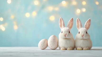 Obraz premium Easter decoration with eggs and cute bunny figurines on white wooden table