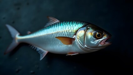 Fototapeta premium Detailed closeup of a silver fish with iridescent scales, symbolizing marine life - Ideal for educational materials, marine conservation, and nature documentaries