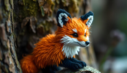 Fototapeta premium cute orange fox plush toy sitting on tree trunk in nature