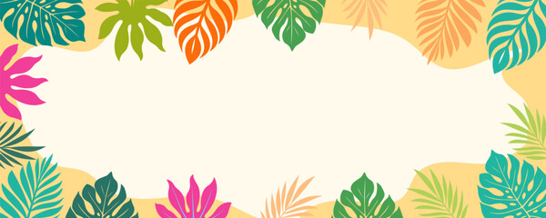 Summer background with abstract tropical plants. Vector banner with monstera leaves, palm trees, tropical colorful flowers with copy space for text.