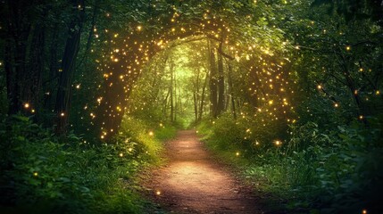 Obraz premium Enchanted forest pathway illuminated by magical glowing lights at dusk