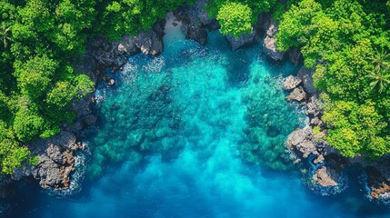 Obraz premium Aerial view of secluded tropical cove, turquoise water, lush greenery. Perfect for travel brochures