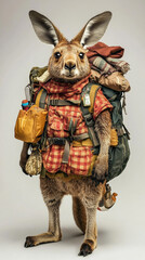 Antropomorphic kangaroo dressed as traveller backpacker  - souvenir from Australia, toy - vertical banner	
