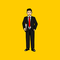 Obraz premium business man standing smiling with a document in his right hand cartoon vector illustration