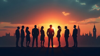 Silhouetted business team against a dramatic sunset cityscape - collaboration and ambition - suitable for business, leadership, or motivational content.