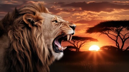 Fototapeta premium A majestic lion roars against a stunning sunset, showcasing its powerful mane and sharp teeth, symbolizing strength and grace in the wild.