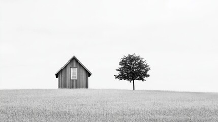 Solitary cabin and tree on a vast, empty field under a pale sky.