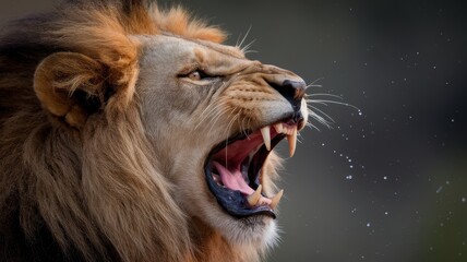 Naklejka premium A majestic male lion roaring, showcasing its powerful jaws and stunning mane. The fierce expression highlights the raw beauty of wildlife.