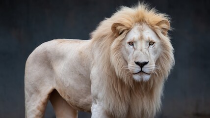 Obraz premium A majestic white lion with a thick mane stands confidently, showcasing its regal presence and piercing gaze against a dark background.