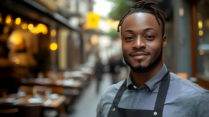 Obraz premium Confident young waiter smiling at camera in a busy city restaurant