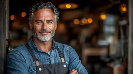 Obraz premium Confident mature man, small business owner, standing in his restaurant. Portrait photography of successful entrepreneur.