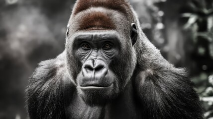 Obraz premium A majestic silverback gorilla gazes intently into the camera, showcasing its powerful physique and expressive face amidst a misty background.