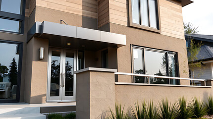 Fototapeta premium Modern House Exterior: Contemporary Architecture and Design. Real Estate, Residential Property, Luxury Home, Facade, Structure, Entrance, Stone, Brick, Metal