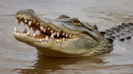 Fototapeta premium A close-up of a crocodile partially submerged in muddy water, showcasing its sharp teeth and textured skin, highlighting its predatory nature.