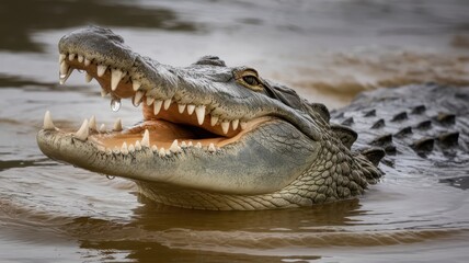 Obraz premium A close-up of a crocodile emerging from the water, showcasing its sharp teeth and distinctive scales, illuminated by soft natural light.