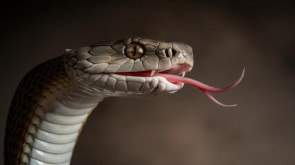 Close-up of a striking snake with intricate scales and a flicking tongue, showcasing its predatory beauty and sharp gaze against a dark backdrop.