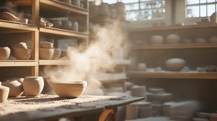 Sunlit pottery workshop with clay bowls and dust particles in the air