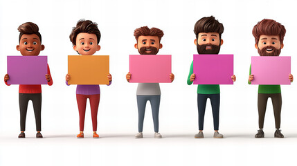 Obraz premium Five animated characters holding blank colorful signs in a cheerful display of creativity