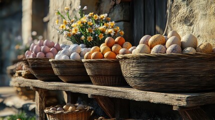 Fototapeta premium Colorful easter eggs displayed in baskets near buda castle in budapest, hungary
