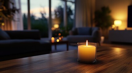 Cozy living room with lit candle on wooden table at dusk