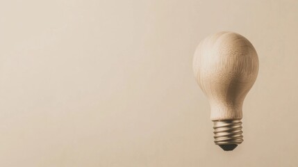Wooden lightbulb on beige background, copy space.