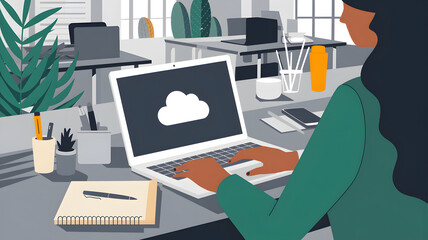 Woman working on laptop, cloud computing interface, modern office setting.