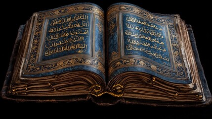 Fototapeta premium Antique Quran, gold-leafed, blue, aged pages.