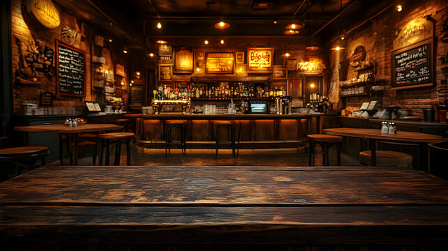 Warm and inviting rustic bar interior with wooden table in the foreground