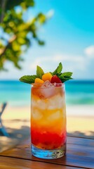 Obraz premium refreshing drink on a table with a beach background with copy space vertically 9:16