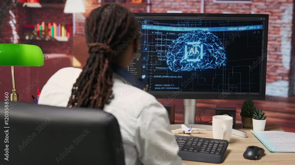 Aufkleber happy programmer celebrating after successfully implementing code using artificial intelligence comp