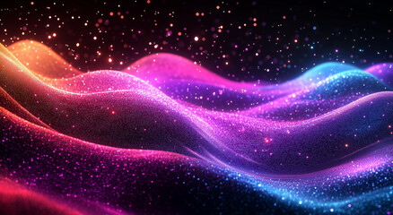 an abstract glittering background with glowing particles and stars on a colorful wave of lights for a space concept