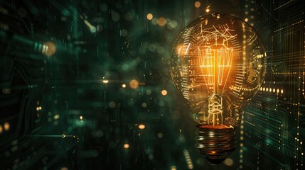 A fluorescent light bulb with a filament replaced by a circuit board. It radiates energy against the dark background of the digital data stream. It is a symbol of innovation.