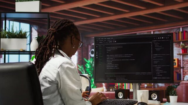 Programmer types code into PC, entering commands, running script. African american IT professional in apartment fixing errors in application, implementing new features, camera A