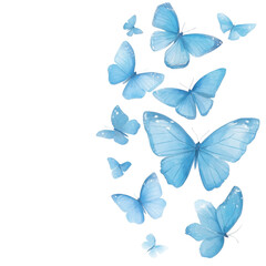 Group of blue butterflies watercolor painting on transparent background